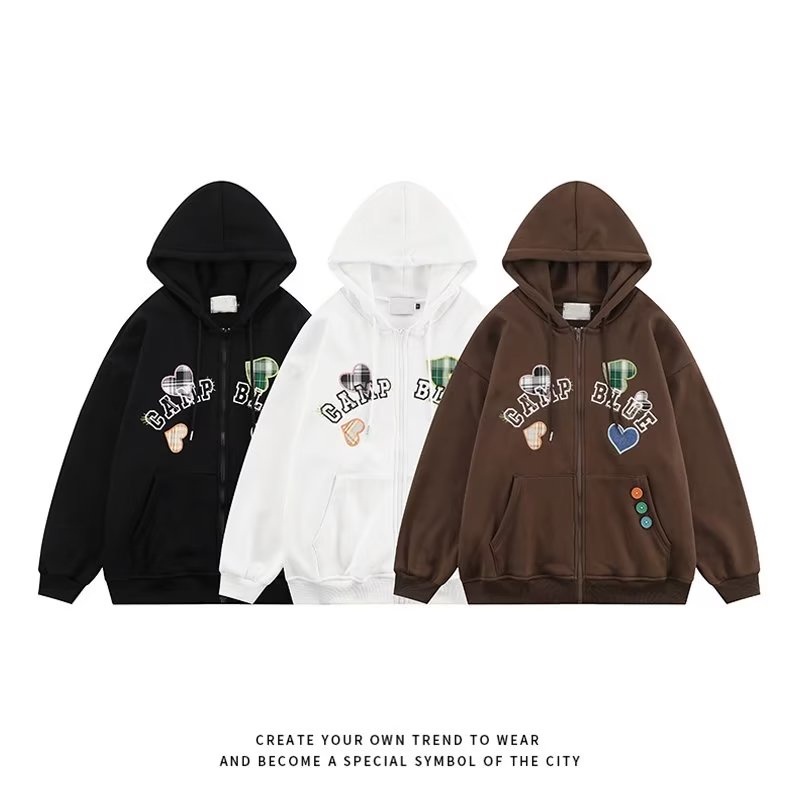 Áo Khoác Hoodie Tay Dài Có Khóa Kéo In Hình Trái Tim Màu Đen / Nâu Phong Cách Hàn Quốc Thời Trang Mùa Đông Cho Nam Và Nữ