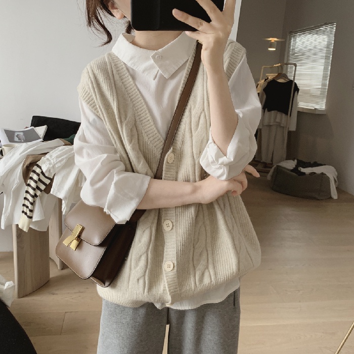 Áo Khoác Cardigan Không Tay Cổ Chữ V Form Rộng Phong Cách Preppy