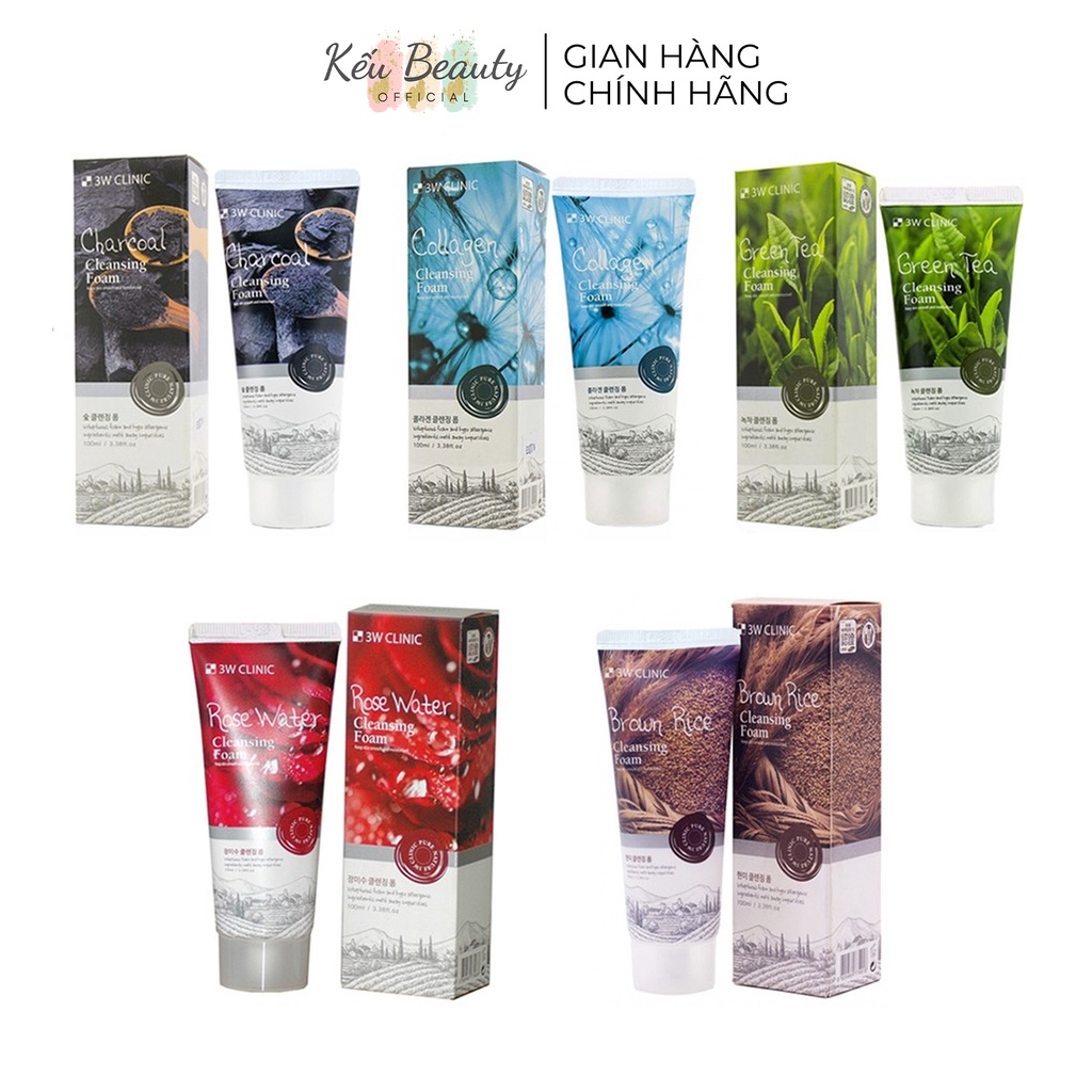 Sữa rửa mặt 3W Clinic Cleansing Foam Trà xanh / Gạo / Collagen / Hoa hồng / Than hoạt tính / Vitamin C 100ml