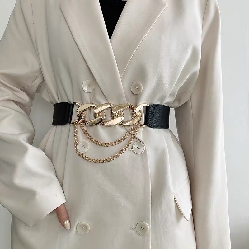 Đai nịt bụng bản 3.8cm phối chuỗi xích lich hoạt siết eo Thắt eo trang trí blazer