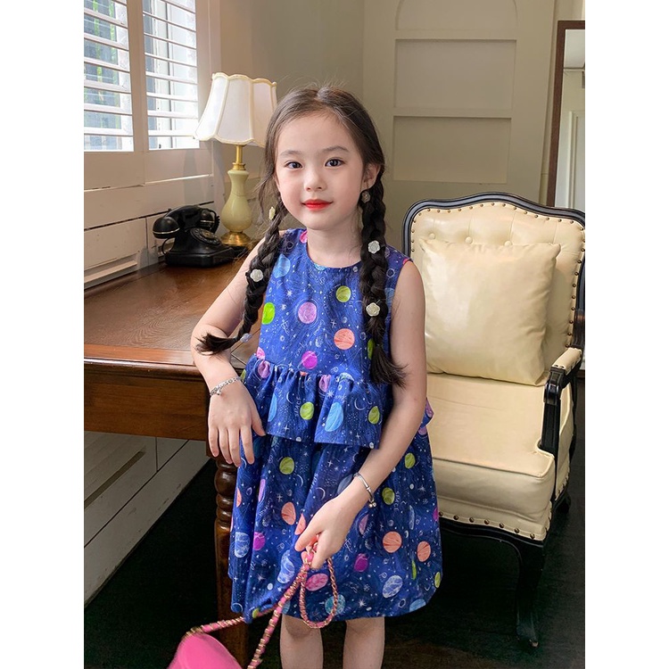 Đầm Dài Cổ Tròn Họa Tiết Chấm Bi Phong Cách Phương Tây Thời Trang Cho Bé Gái 5 Tuổi