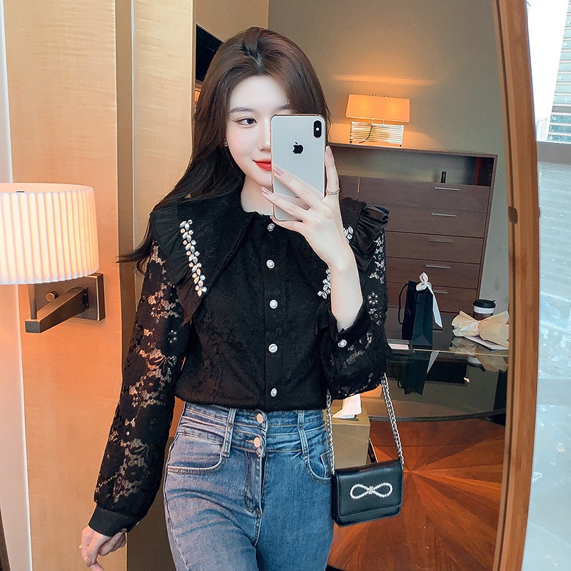 Áo ren dài tay áo lưới dài tay Vừa Vặn Đính Hạt Kiểu Phương Tây Thời Trang Mùa Xuân Mới