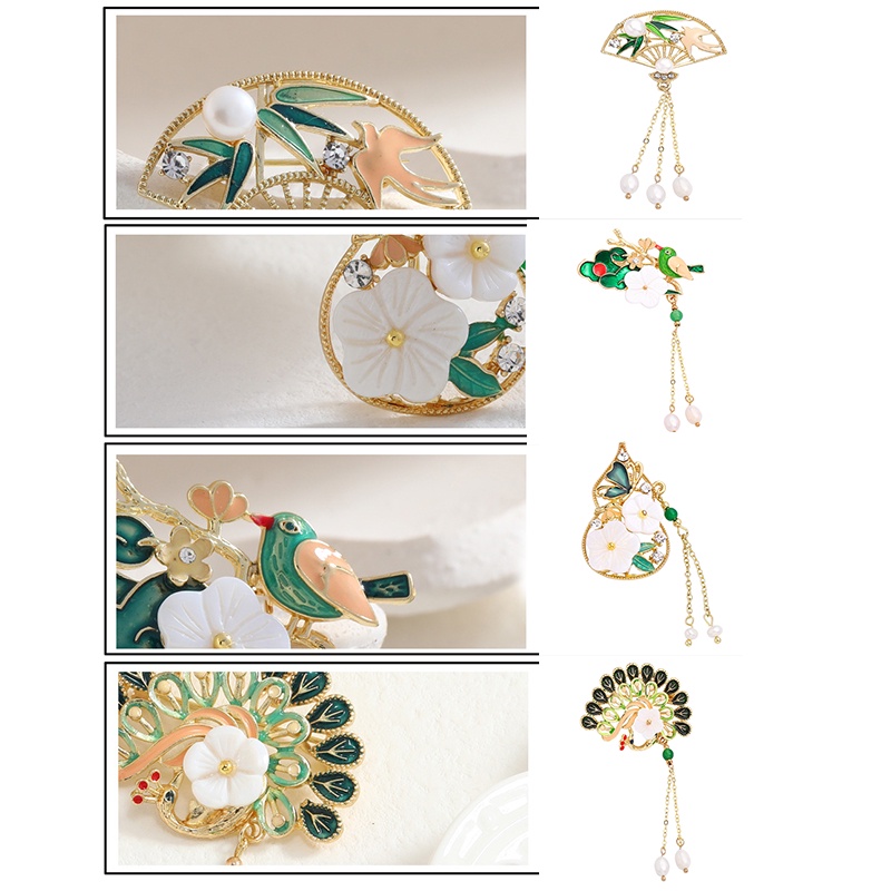 Huy Hiệu Cài Áo Hình Chim Công Đính Ngọc Trai Phối Tua Rua Thời Trang Cho Nữ