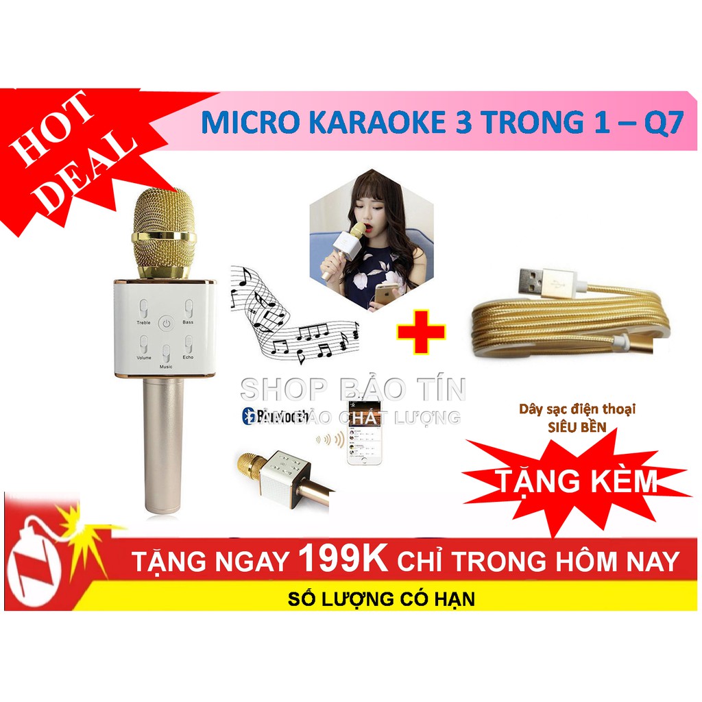 Micro karaoke Q7 tặng kèm dây sạc iphone 5.6.6s bọc vỏ dù siêu bền chống xoắn