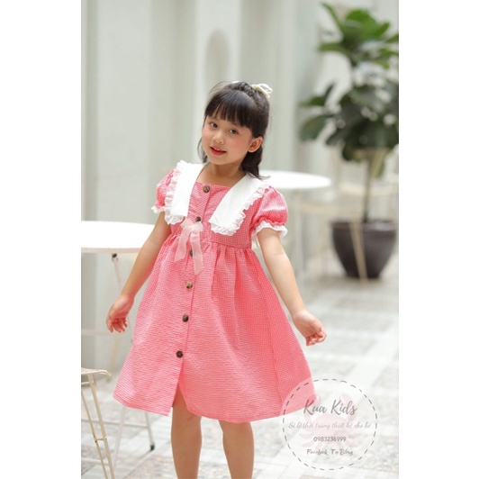 Váy xốp kẻ hồng cổ nơ