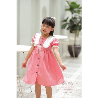 Váy xốp kẻ hồng cổ nơ