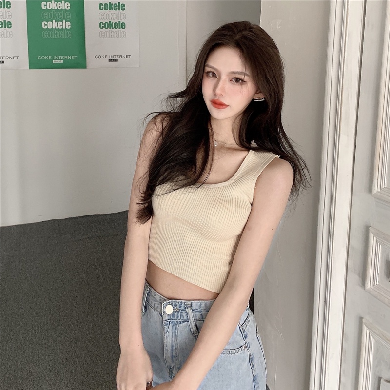 Porozi  Áo croptop  dệt kim không tay dáng ôm phong cách Hàn Quốc