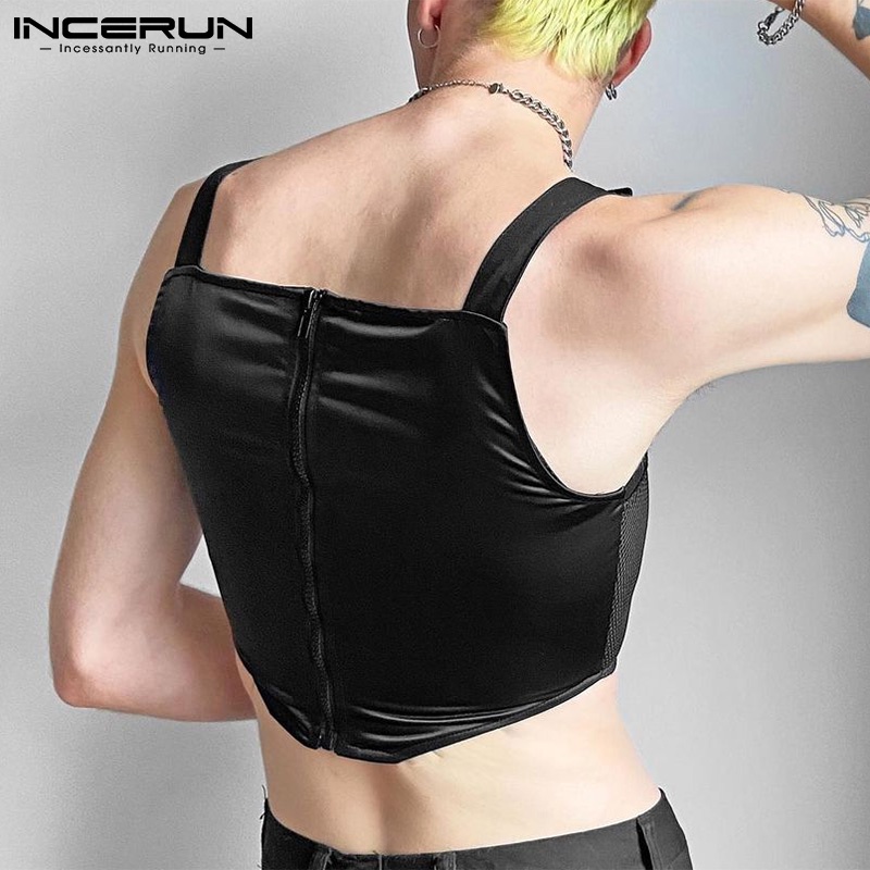 Áo lửng INCERUN màu đen có dây kéo thiết kế đơn giản quyến rũ cho nam