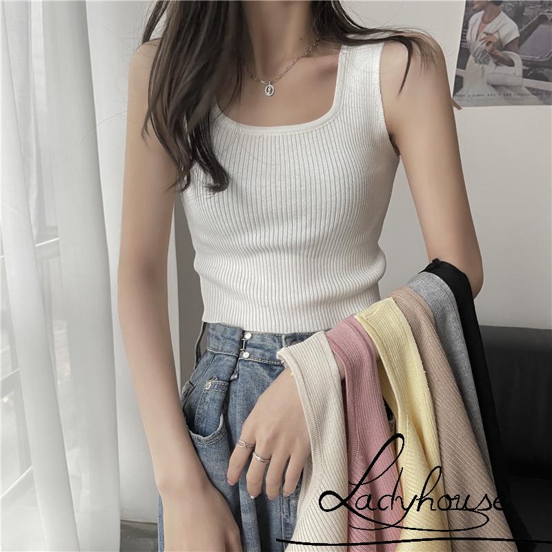 Áo Croptop Dệt Kim Không Tay Màu Trơn Ôm Dáng Xinh Xắn Cho Nữ