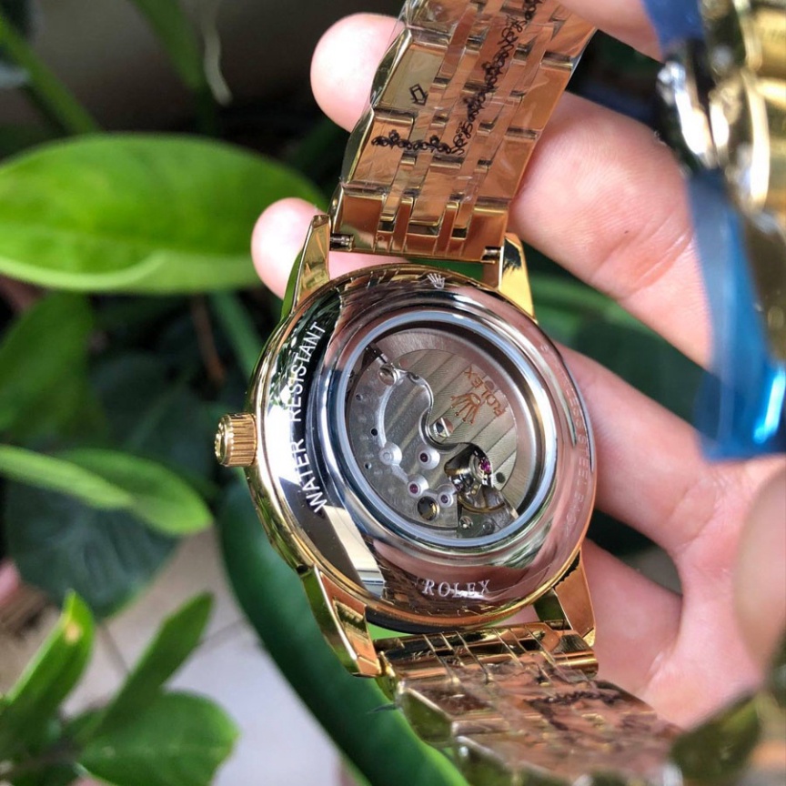 Đồng Hồ Nam Rolex Máy Nhật, Mẫu 3 Kim Cắt Vát Mặt Đen Viền Vàng , Dòng Cơ Automatic