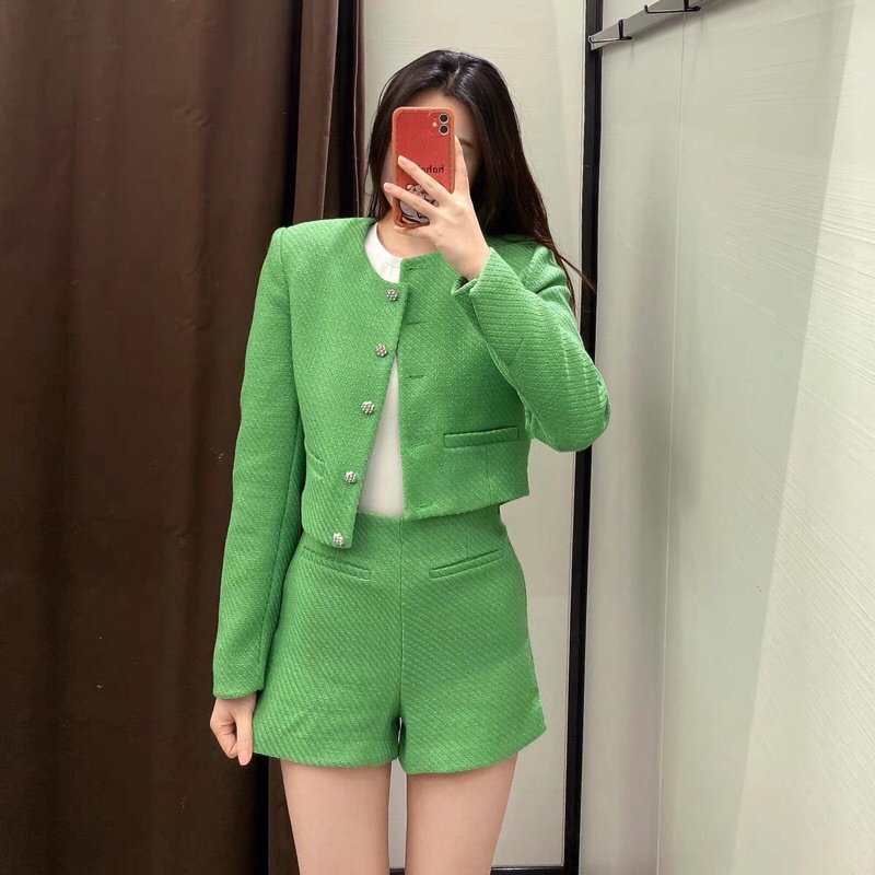 SET ÁO DẠ TWEED ZARA + QUẦN TWEED LƯNG CAO MÀU XANH CỰC HOT