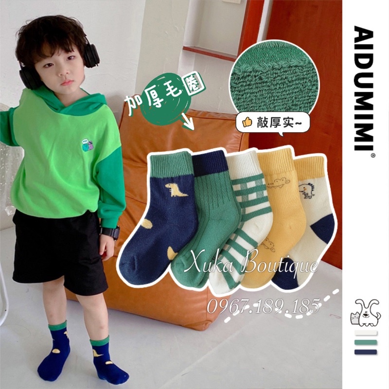 Set 5 Đôi Tất Cao Cổ Khủng Long AiDuMini Cao Cấp Cho Bé Từ 3 - 12 tuổi. Tất Trẻ Em chất Cotton Bông dày dặn đi cực ấm