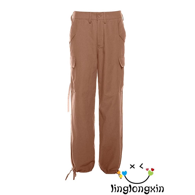 Quần Baggy Ống Rộng Lưng Thấp Màu Trơn Phong Cách Vintage Linglongxi2 Có Túi Dành Cho Nữ / Đen / Xanh Lá / Hồng