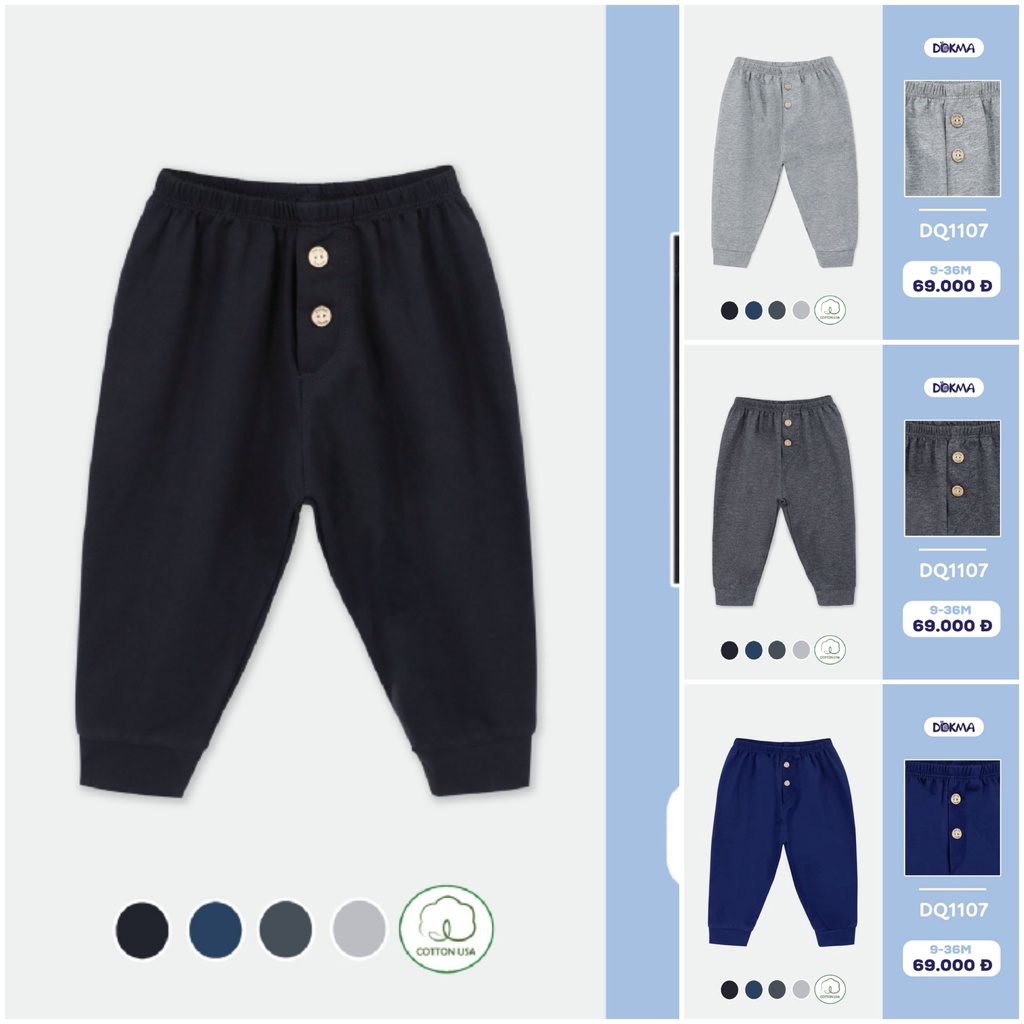 Quần dài cotton bo ống phối khuy cho bé DOKMA (DQ1107)
