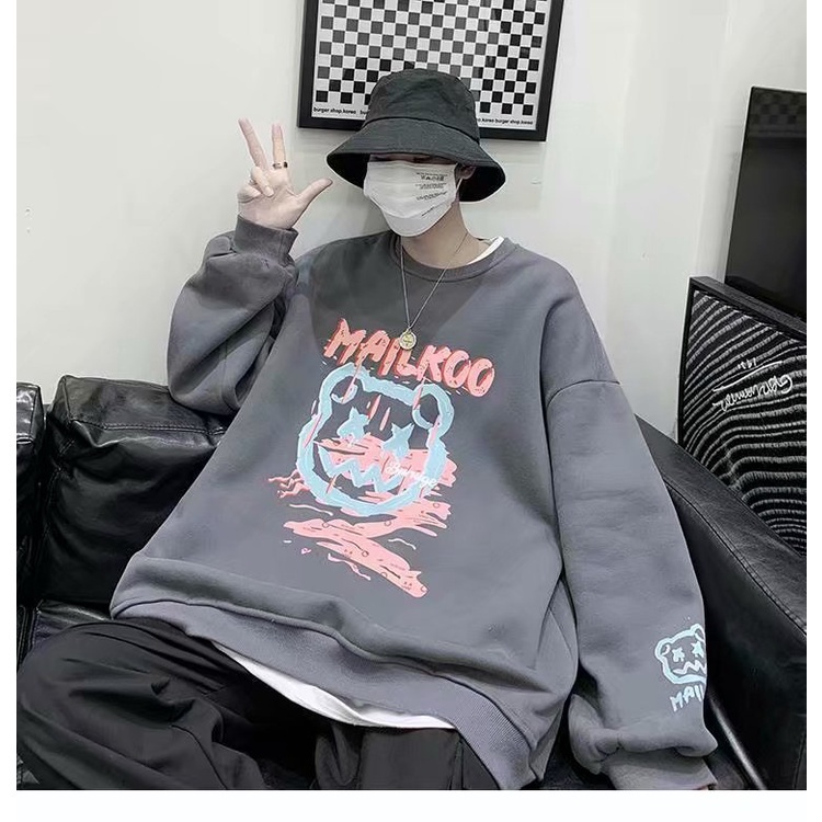 Áo sweater cổ tròn dáng rộng in mặt gấu thời trang xuân thu cho nam và nữ size M-8XL