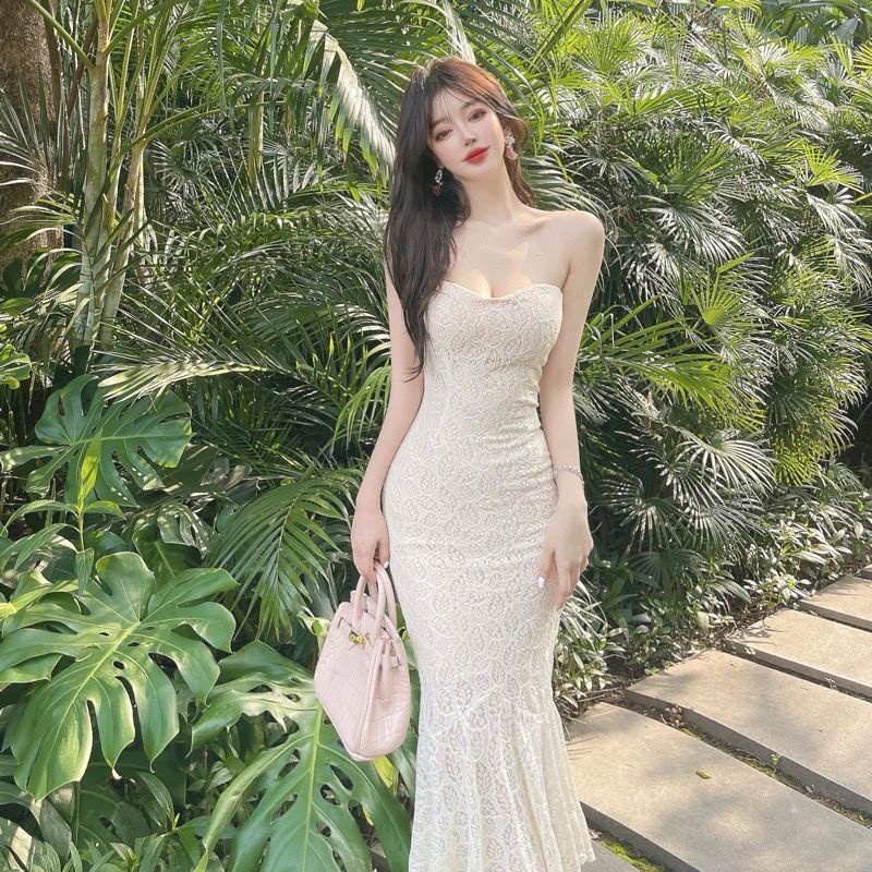 Đầm Đuôi Cá Phối Ren Thiết Kế Mỏng Xinh Xắn Thiết Kế Mới Thời Trang