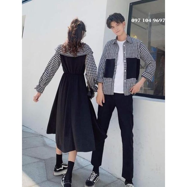 Đồ đôi nam nữ váy caro đen trắng tay dài xinh xắn kết hợp sơ mi nam