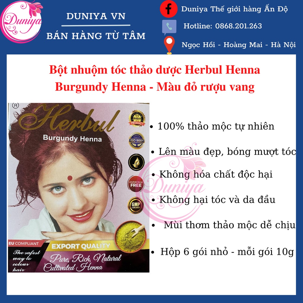 Bột nhuộm tóc thảo dược Herbul Henna - Màu Đỏ Burgundy