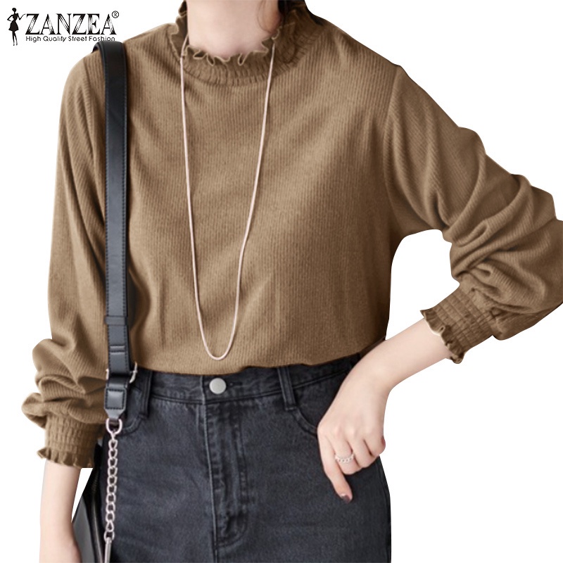 Áo dệt kim ZANZEA tay dài cổ tròn dáng rộng phối xếp nếp đơn giản dành cho nữ