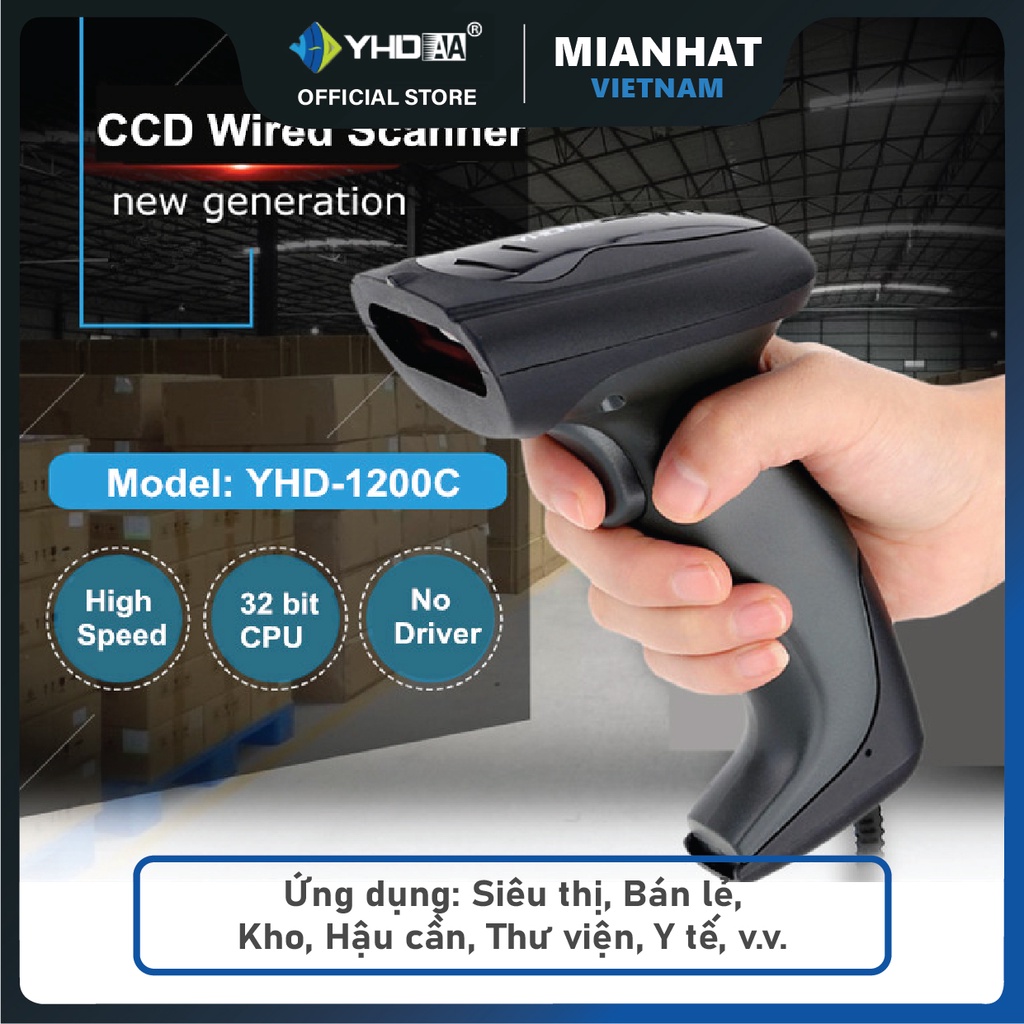 Máy quét mã vạch có dây YHD 1200C 1D, Đầu đọc mã vạch Barcode cắm dây trực tiếp dùng trên Máy tính