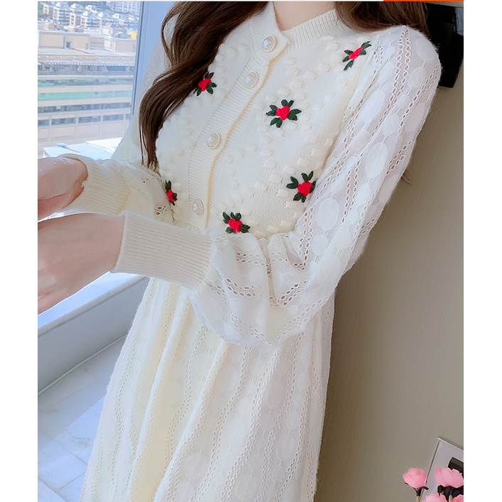 Đầm len dài qua gối thêu họa tiết thời trang mùa thu mới cho nữ 2021