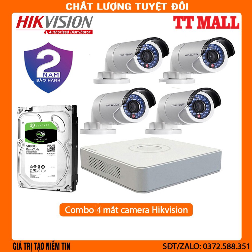 Trọn Bộ 4 Camera VỎ SẮT Hikvision 16D0T-IR 2.0 megapixel Full HD 1080P kèm HDD 500G và 80 mét dây đúc sẵn