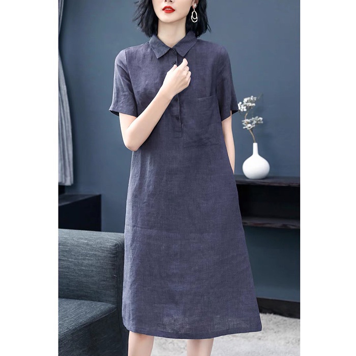 Đầm suông công sở linen cổ sơ mi 2 túi sườn trẻ trung, thời trang hè thu 2021