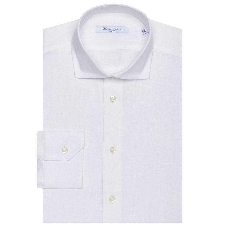 Áo Sơ Mi Nam Tay Dài CAMICISSIMA Trắng Vải Linen Form Slim Fit Dòng Fancy - FCLSFWHI2004