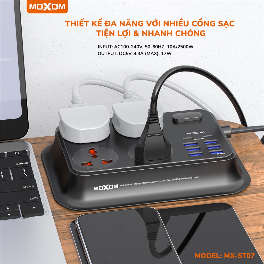 Ổ cắm điện đa năng MOXOM tải 2500W, 4 lỗ đa năng, 6 USB sạc nhanh 3.4A, 2 PD 17W, nút kích hoạt an toàn điện, dây dài 2M