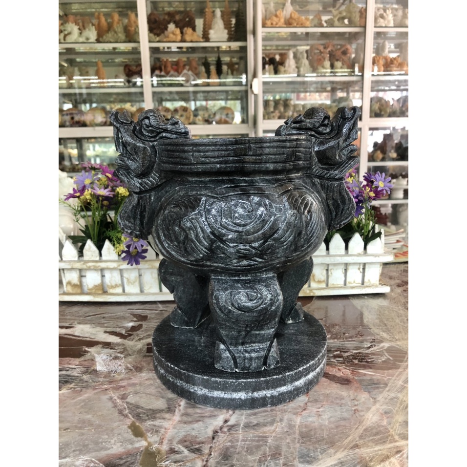 Lư hương, bát nhang thờ cúng chạm rồng đặt bàn thờ, mộ đá đen - Cao 25 cm