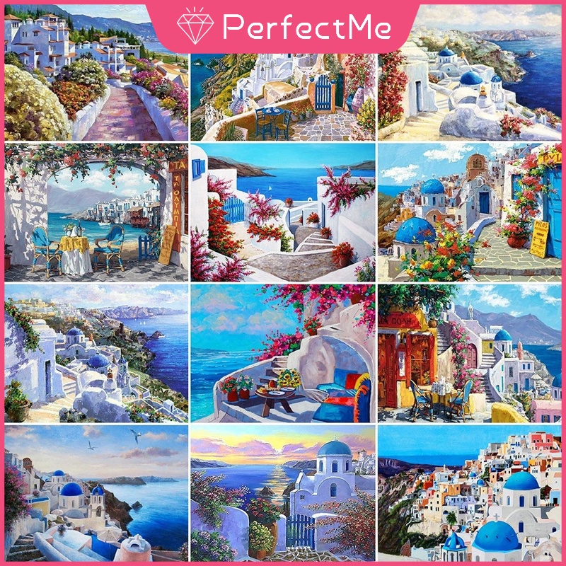 Bộ Tranh Đính Đá 5D Họa Tiết Phong Cảnh Santorini Độc Đáo DIY 50x40cm