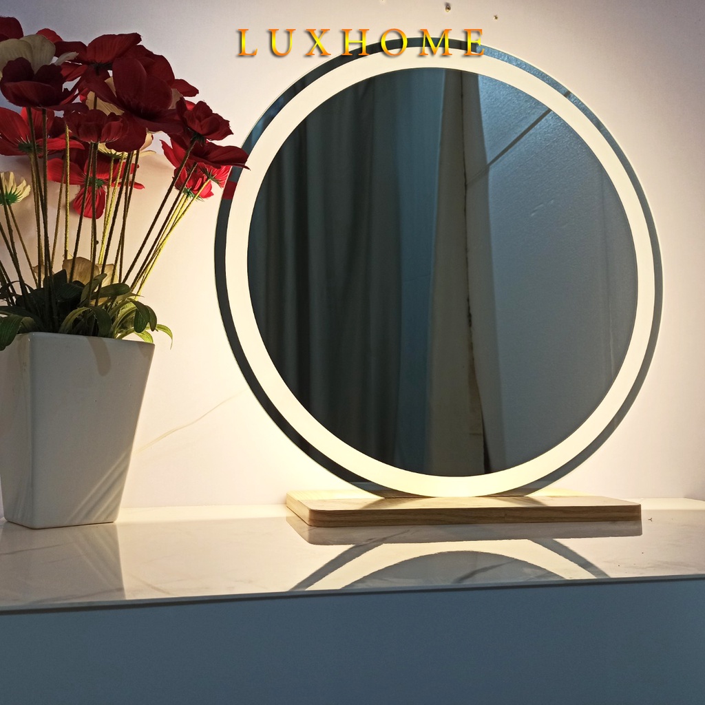 Gương Để Bàn 60 CM Chân Gỗ LED Cảm Ứng LUXHOME. Gương bàn trang điểm siêu nịnh, gương decor cực đẹp
