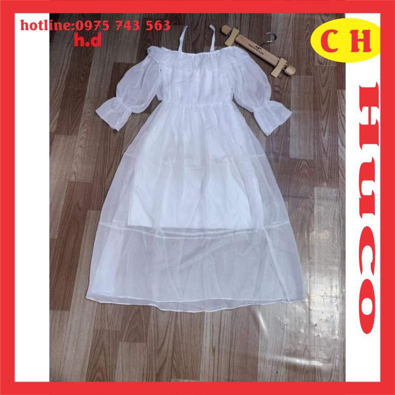 váy voan tơ hai dây trễ vai, đầm tiểu thư maxic đi biển có bèo nhún tay lỡ chun nhẹ,váy trắng xòe nhiều tầng hai lớp lót | BigBuy360 - bigbuy360.vn