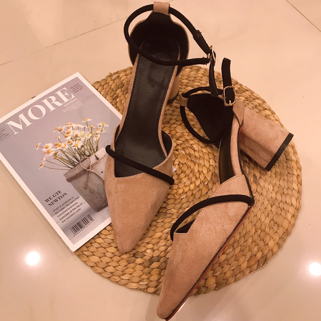 Giày cao gót nữ ⚡️𝐅𝐑𝐄𝐄 𝐒𝐇𝐈𝐏⚡️ Sandal cao gót 7 phân, mũi nhọn, da lộn đế to tròn hàng Quảng Châu chất lượng cao
