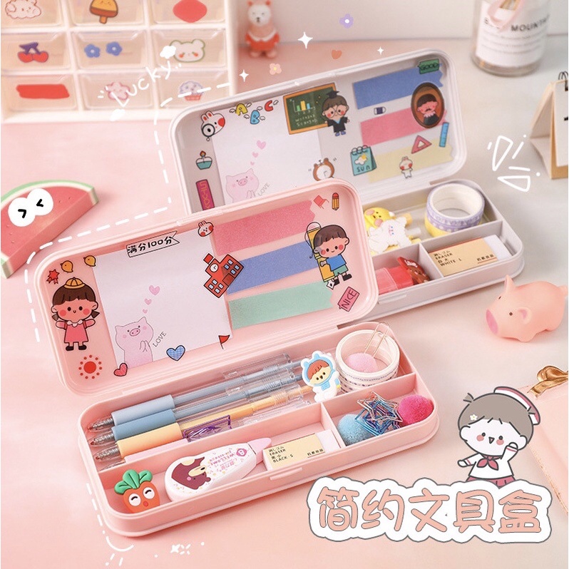 Hộp bút nhựa 3 ngăn màu pastel PENCIL BOX (tặng kèm sticker)