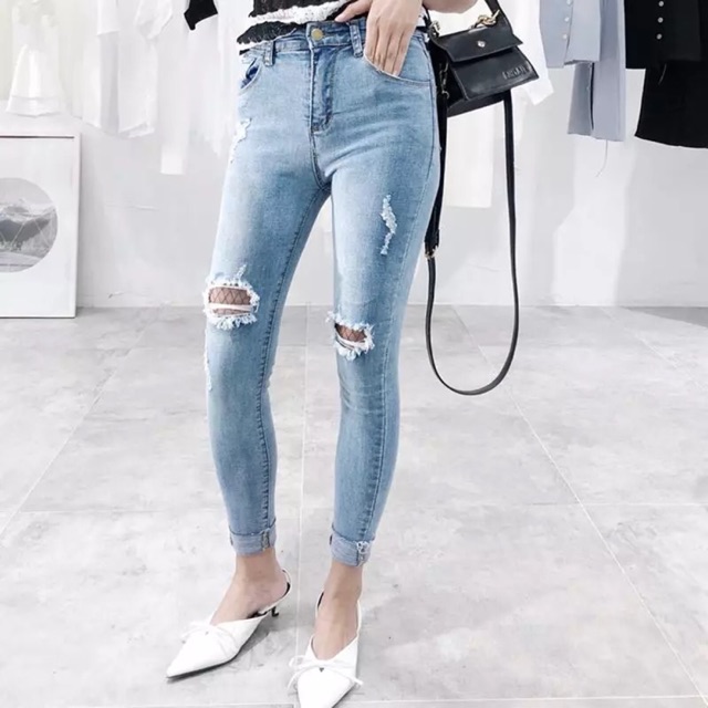 quần bò cạp cao rách đầu gối