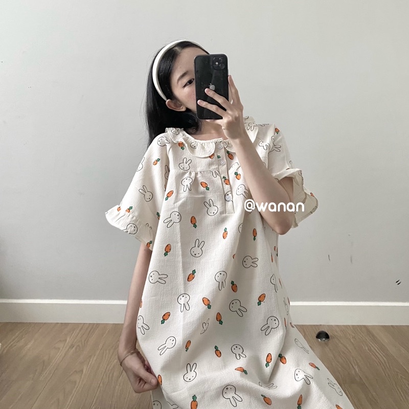 Đầm Ngủ Cổ Bèo Tiểu Thư, Chất Đũi Xốp Mỏng Nhẹ, Freesize 60kg - WANAN