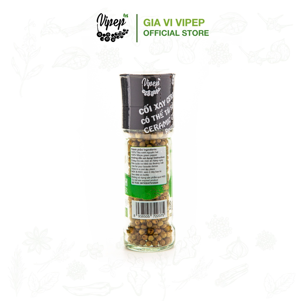 Tiêu xanh Vipep vị cay nhẹ, gia vị tẩm ướp, nêm nếm thức ăn, khử mùi tanh hiệu quả hũ 20g
