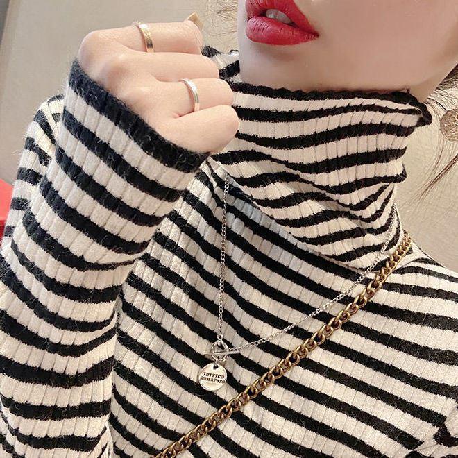 Áo Sweater Cổ Cao Ôm Dáng Mềm Mại Họa Tiết Kẻ Sọc Thời Trang Thu Đông 2023