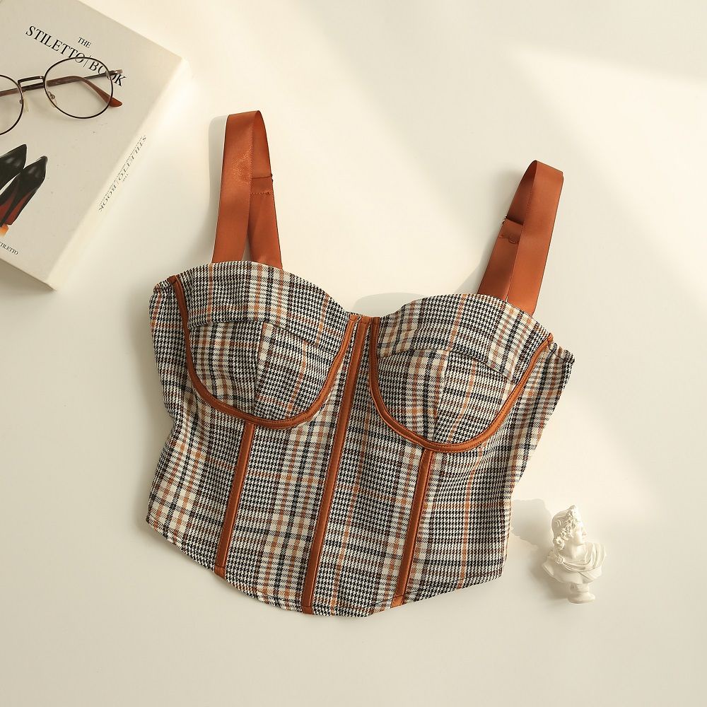 Jiashucheng Áo Nịt Eo Ngắn Ôm Dáng Eo Hẹp Dây Đeo Bên Trong Kẻ Caro Cao Cấp Phong Cách Âu Mỹ Retro Mùa Xuân