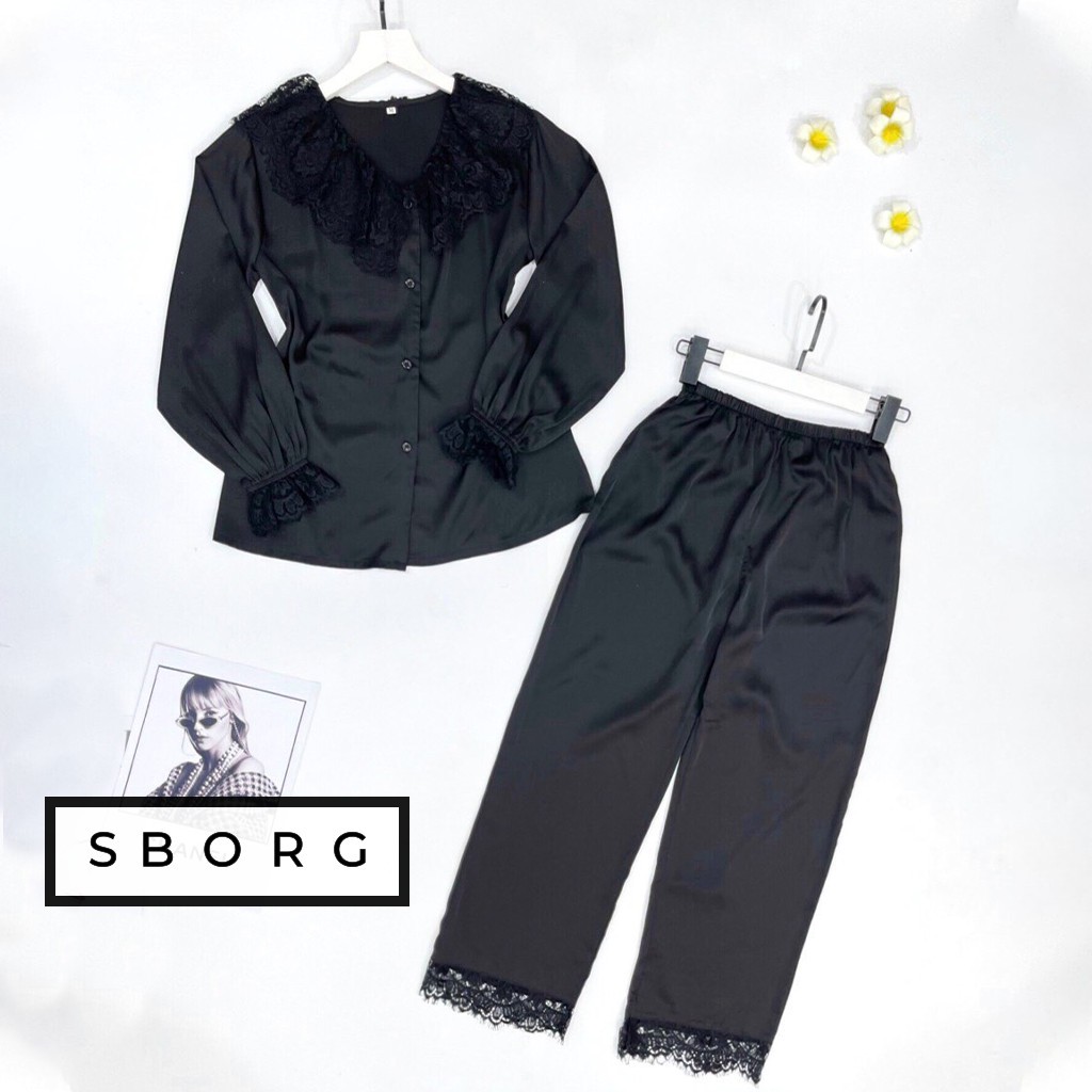 Đồ bộ tay dài SBORG pijama lụa latin cao cấp viền ren mi tiểu thư quần dài có túi freesize dưới 56kg quà tặng vợ