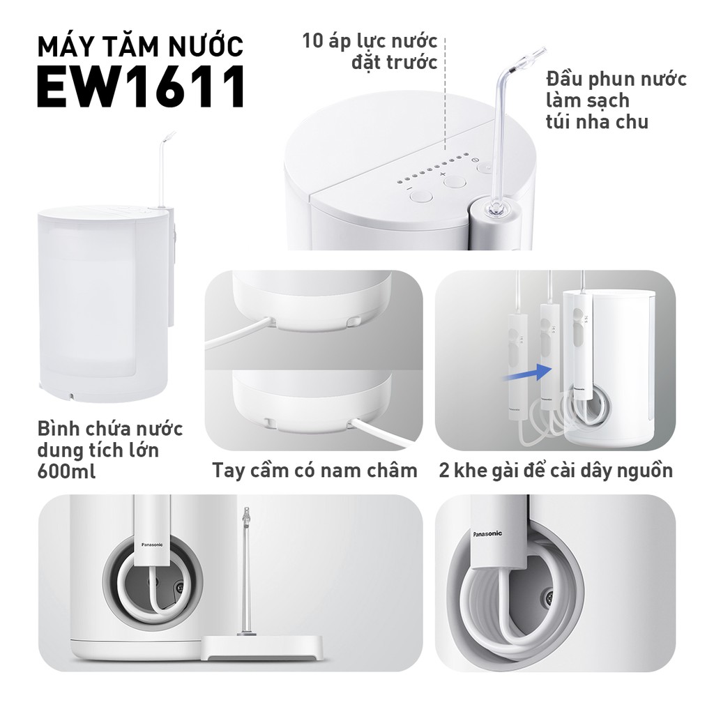 [MÃ COSPANA5 GIẢM 10% ĐƠN 600K] Combo Máy Tăm Nước Cầm Tay Panasonic EW1611 + đầu thay WEW0982X401 - BH 12 Tháng