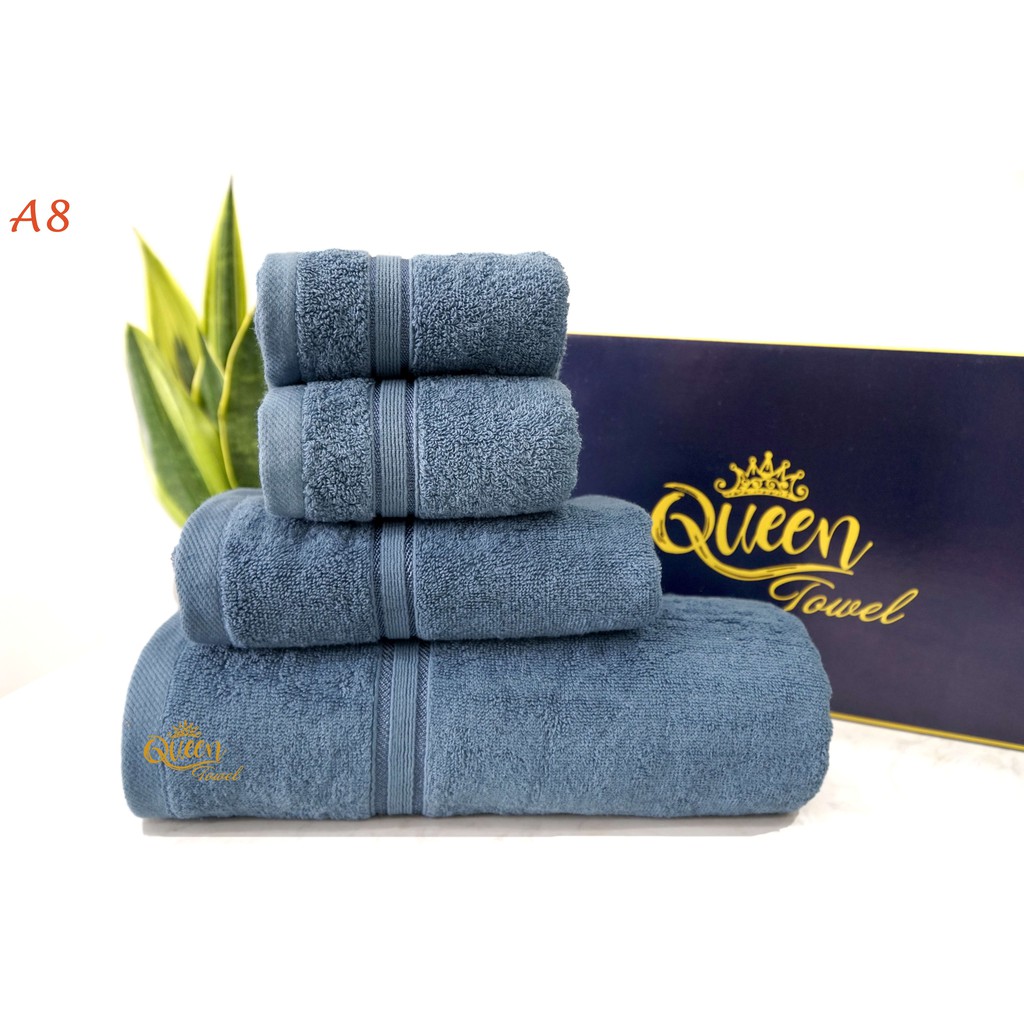 Combo 4 khăn tắm gội mặt cao cấp QUEEN TOWEL 100% cotton dày dặn mềm mịn không phai màu