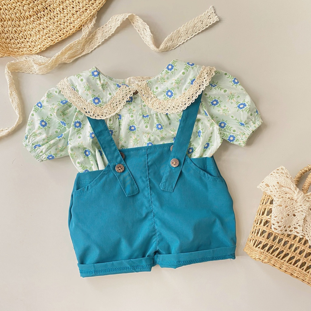 Set quần yếm kèm áo cổ sen tay ngắn cho bé gái 1 2 3 4 tuổi MINTSCLOSET Mint's Closet - YE5021