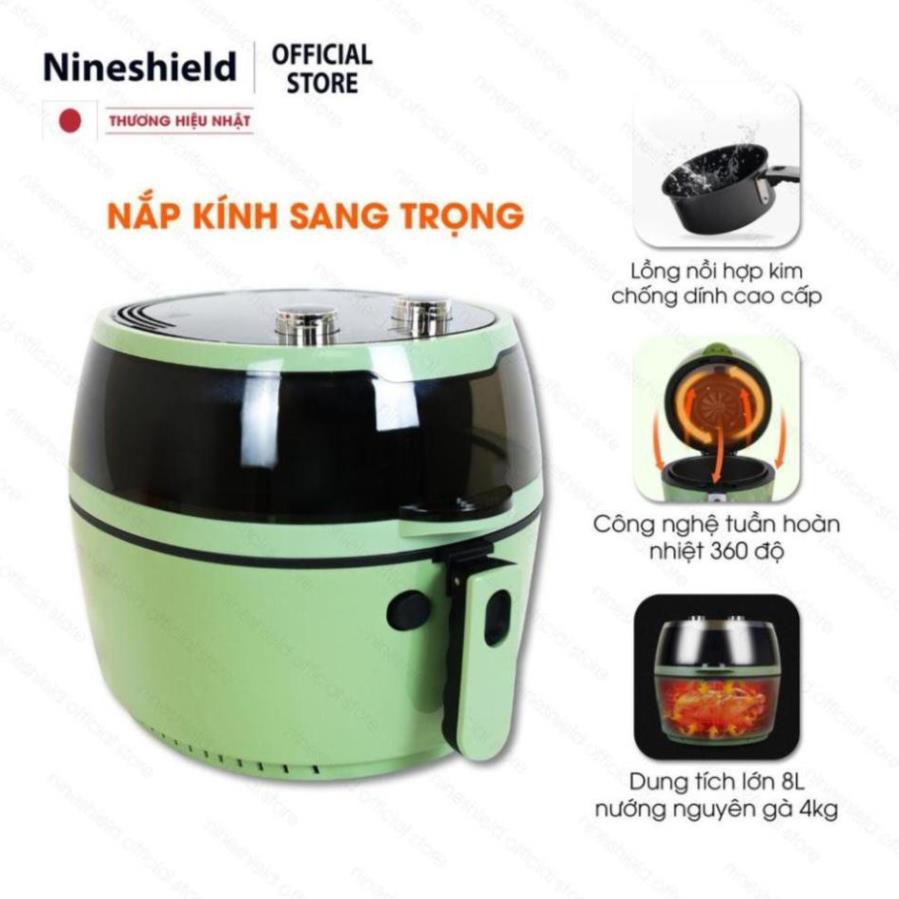 Nồi Chiên Không Dầu Nine Shield 8L Mặt Kính Chịu Nhiệt, Có Tay Đảo Thức Ăn Tự Động - Bảo Hành 6 Tháng