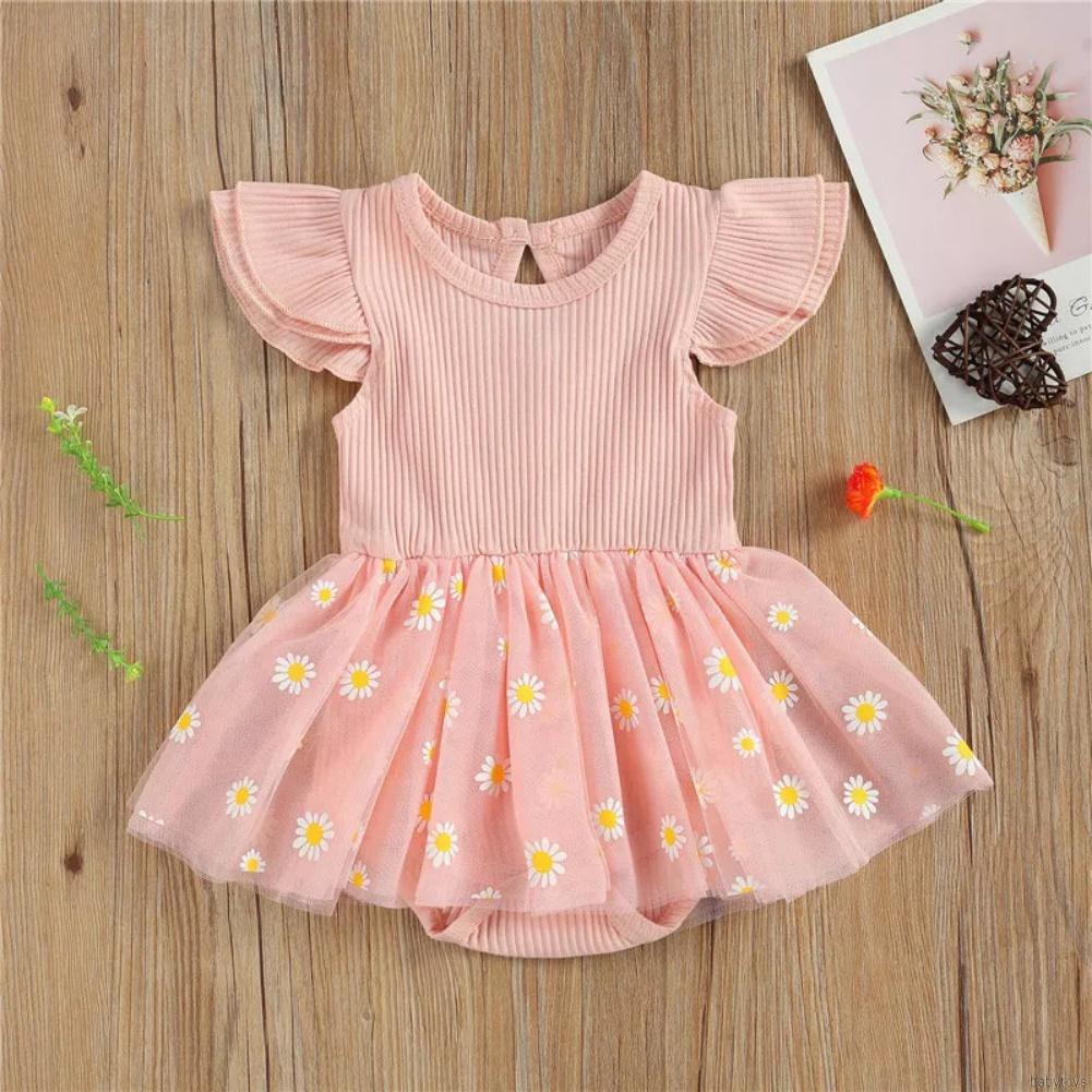 [babytoys] Summer Baby Girl Flying Sleeve Rompers Infant Lace Mesh Daisy Printed Princess Dress Toddler Triangle Bodysuit 0-18M