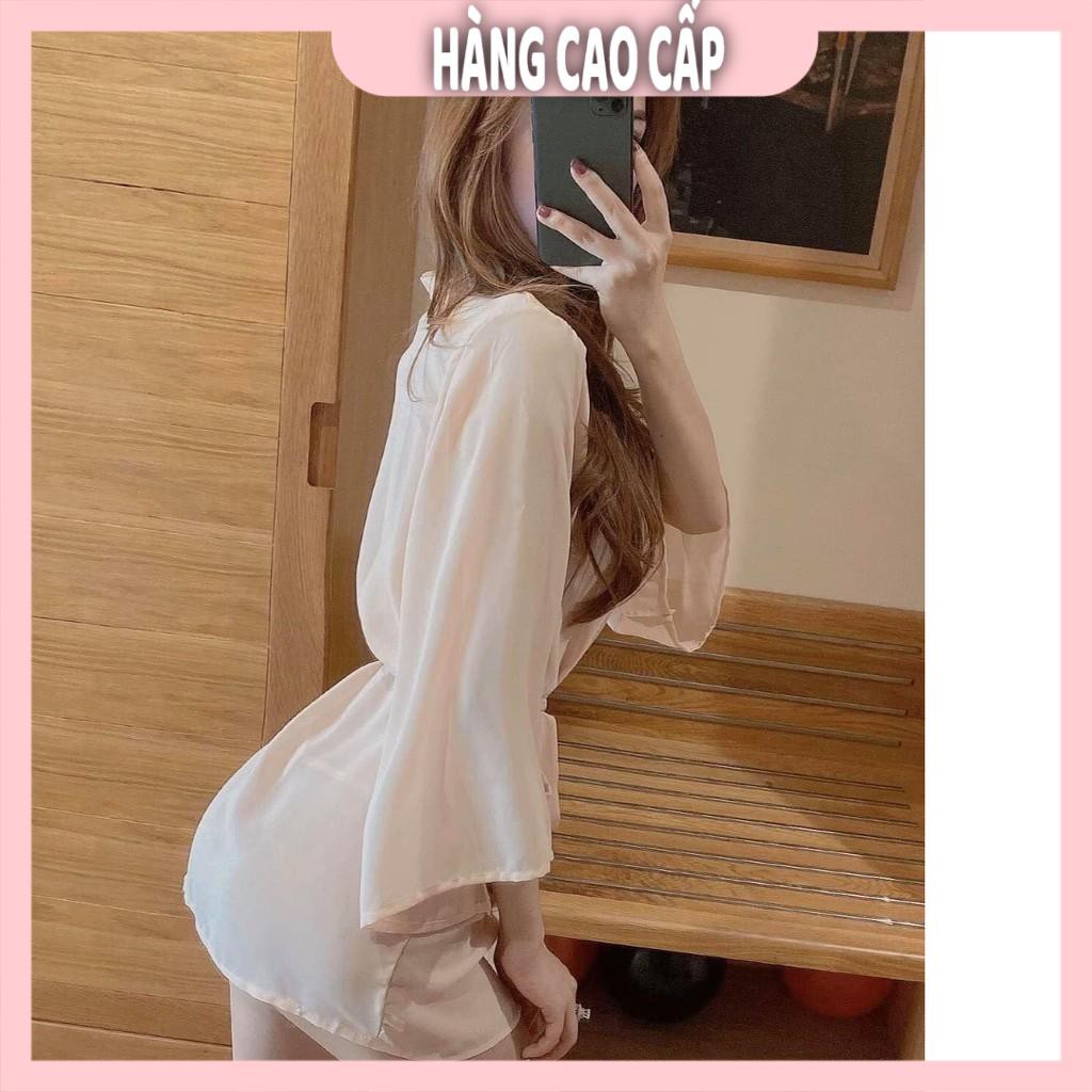 Váy ngủ xuyên thấu gợi cảm áo choàng sexy kiểu kimono tay dài có túi xinh xắn | BigBuy360 - bigbuy360.vn