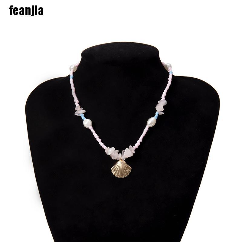 vòng cổ Choker Mặt Vỏ Sò Đính Hạt Ngọc Trai Màu Hồng Phong Cách Boho Cho Nữ