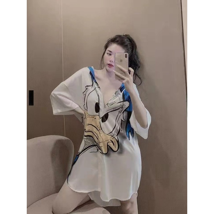 Váy ngủ lụa sơ mi gấu hồng MIEMMOC chuẩn hàng lụa warm QCCC  kenshop0602- hàng có sẵn ( video+ảnh thật)