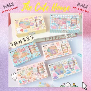 Set 1 hộp 5 cuộn băng keo trang trí WASHI TAPE kèm 8 STICKER dễ thương tiện lợi